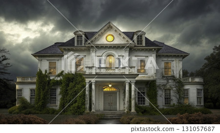 Old mansion surrounded by dark clouds with golden lights glowing in windows at dusk 131057687