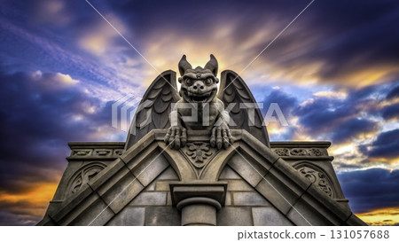 Intricate stone gargoyle perched atop a historic building against a vibrant sunset sky Intricate stone gargoyle perched atop a historic building against a vibrant sunset sky 131057688