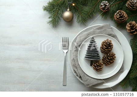 Christmas table setting with festive decor, flat lay. Space for text 131057716