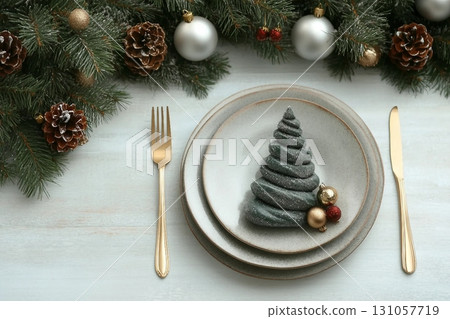 Christmas table setting with festive decor, flat lay. Space for text Christmas table setting with festive decor, flat lay. Space for text 131057719