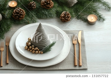 Christmas table setting with festive decor, flat lay. Space for text 131057722