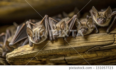 Bats resting in a cave during twilight hours, hanging from a wooden beam in their natural habitat Bats resting in a cave during twilight hours, hanging from a wooden beam in their natural habitat 131057723
