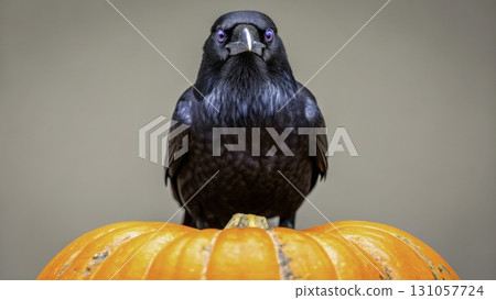 Raven perched on a vibrant pumpkin against a neutral background during autumn season 131057724