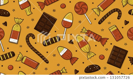 Colorful candy and sweets pattern with lollipops, chocolates, and various treats  131057726