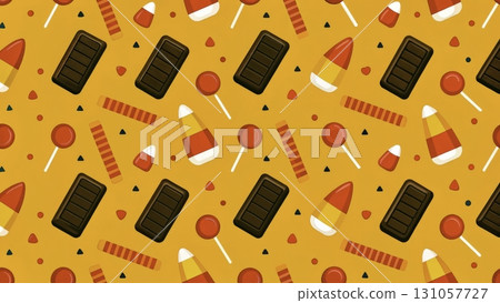 Colorful candy pattern with lollipops, chocolate bars, and candy corn on a vibrant orange background 131057727