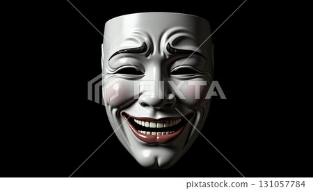 Creepy Smiling White Mask on Black Background. 131057784