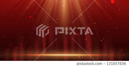 Scene elegant red ray with gold lighting effect sparkle on dark red background. 131057836