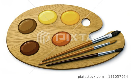 Wooden artist palette with vibrant colors and brushes arranged for painting Wooden artist palette with vibrant colors and brushes arranged for painting 131057934