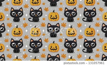 Cute black cats and smiling pumpkins create a joyful Halloween pattern for autumn celebrations  131057961