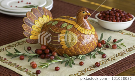 Thanksgiving feast centerpiece featuring an intricately decorated turkey with cranberries  131058085