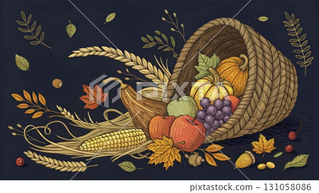 Harvest cornucopia filled with fruits and vegetables showcases autumn's bounty in vibrant colors 131058086