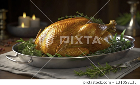 Shimmering roast turkey displayed on a serving platter with fresh herbs and candles  131058133