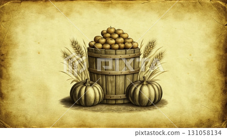 Harvest season display with a wooden barrel full of apples and pumpkins on a vintage background 131058134