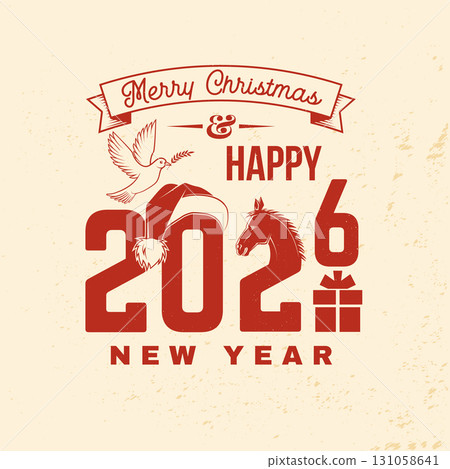Merry Christmas and 2026 Happy New Year stamp, sticker set with horse, Christmas gift, Santa hat and peace dove. Vector. Vintage typography design for Xmas, new year emblem in retro style Merry Christmas and 2026 Happy New Year stamp, sticker set with horse, Christmas gift, Santa hat and peace dove. Vector. Vintage typography design for Xmas, new year emblem in retro style 131058641