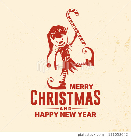 Wish you a very Merry Christmas and Happy New Year stamp, sticker set with trees, Elf Santa with christmas candy. Vector. Vintage typography design for xmas, new year emblem in retro style 131058642