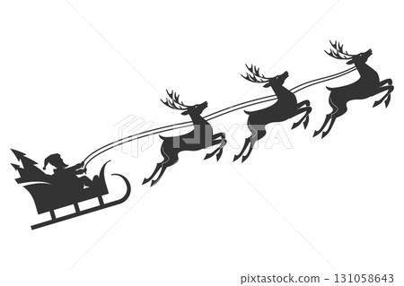 Santa Claus sleigh label monochrome with Saint Nicholas sitting in cart with reindeer flying up on reins. Vector illustration. 131058643