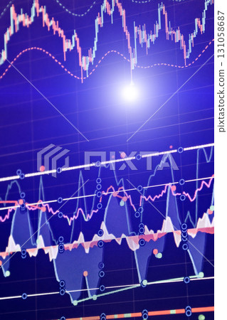 Technical trading indicators on financial chart 131058687