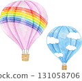 Watercolor illustration of two rainbow and cloud patterned balloons lined up 131058706
