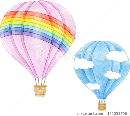 兩個彩虹和雲彩圖案的氣球排成一排的水彩插圖 兩個彩虹和雲彩圖案的氣球排成一排的水彩插圖 131058706