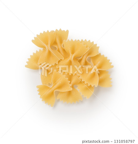 Dry farfalle pasta on white background top view Dry farfalle pasta on white background top view 131058797