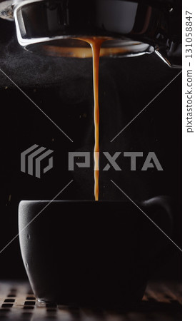 shot pull espresso shot with bottomless portafilter on a professional coffee machine 131058847