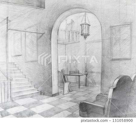 hand drawn interior of hall with checkered floor hand drawn interior of hall with checkered floor 131058900