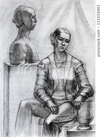 hand drawn female model and bust sculpture hand drawn female model and bust sculpture 131058901