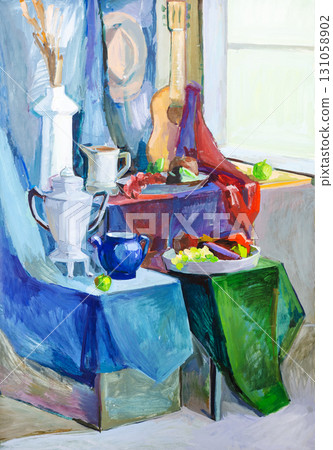 hand-painted still life with samovar and guitar hand-painted still life with samovar and guitar 131058902