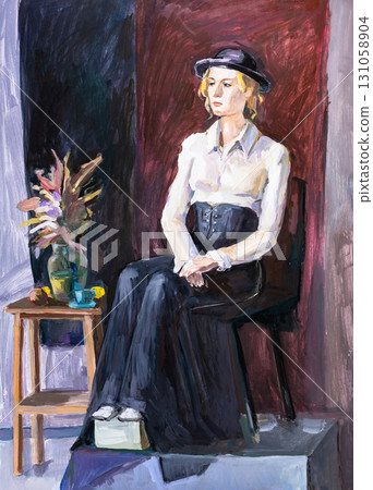hand painted portrait of dressed female model hand painted portrait of dressed female model 131058904