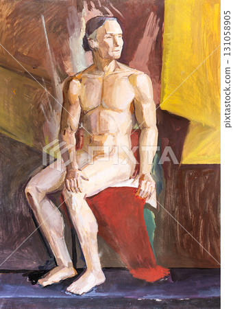 hand painted portrait of nude male model on podium hand painted portrait of nude male model on podium 131058905