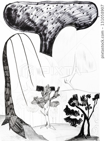 hand-drawn sketch of exotic trees in city park 131058907