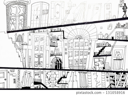 hand-drawn sketch of various doors and stairs 131058916