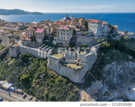 Aerial view Citadel of Calvi Upper Corsica French maritime stronghold in the Mediterranean Sea with defensive walls Aerial view Citadel of Calvi Upper Corsica French maritime stronghold in the Mediterranean Sea with defensive walls 131058986