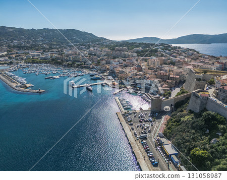 Aerial view Citadel of Calvi Upper Corsica French maritime stronghold in the Mediterranean Sea with defensive walls Aerial view Citadel of Calvi Upper Corsica French maritime stronghold in the Mediterranean Sea with defensive walls 131058987
