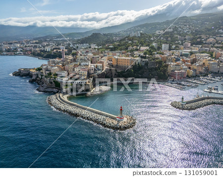 Aerial view of the Citadel of Bastia in the north of Corsica island - Genoese city overlooking the Mediterranean Sea 131059001