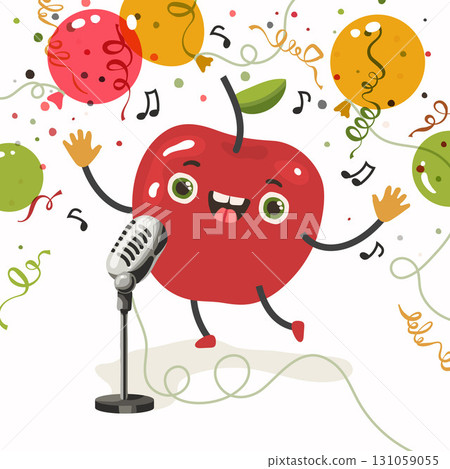 Cute vector red apple dancing and singing in a retro metal microphone surrounded by colored balls and confetti Cute vector red apple dancing and singing in a retro metal microphone surrounded by colored balls and confetti 131059055