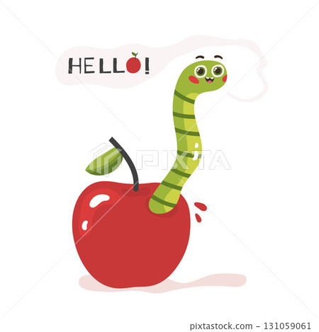 A green worm character with a face crawls out of a red apple with a quote hello, vector illustration on a white background A green worm character with a face crawls out of a red apple with a quote hello, vector illustration on a white background 131059061