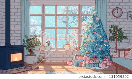 雪景房間裡的聖誕樹 131059292