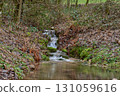 Enchanting Forest Waterfall: Cascading Mountain Stream with Autumn Foliage and Golden Sunset Light. Long Exposure Captures Silky Water Flow Over Moss Covered Rocks in Lush Green Woodland 131059616