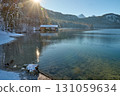 Serene Winter Wonderland: Two Graceful Swans Glide Across Icy Lake Surface Bathed in Golden Sunlight Pristine Frozen Landscape Showcases Nature's Tranquil Beauty on Crisp Winter Day 131059634