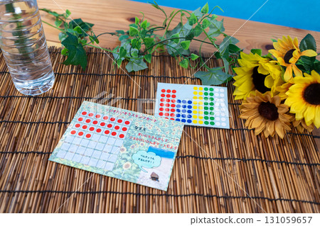 Summer vacation radio exercise stamp card and water 131059657