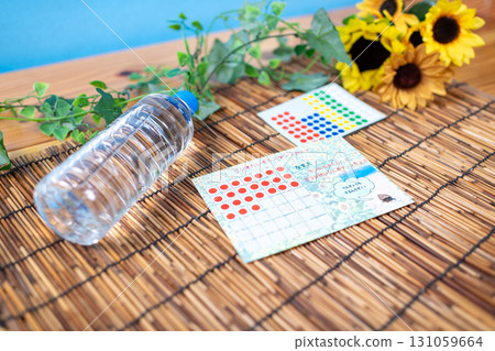 Summer vacation radio exercise stamp card and water 131059664