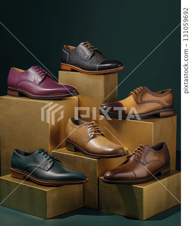 Collection of men dress shoes displayed on gold textured pedestals, showcasing various colors and styles with elegant design and polished finish 131059692