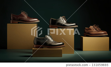 Elegant collection of men dress shoes displayed golden platforms with dark background, showcasing different styles and colors, perfect for formal 131059693