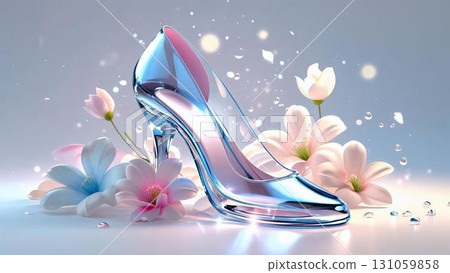 Glass slippers and flowers. Image of marriage. 131059858