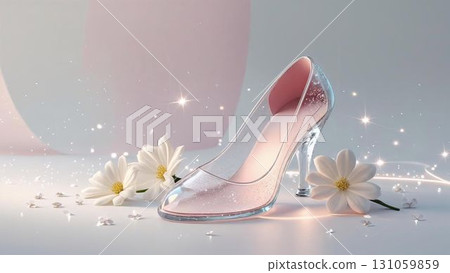 Glass slippers and flowers. Image of marriage. 131059859