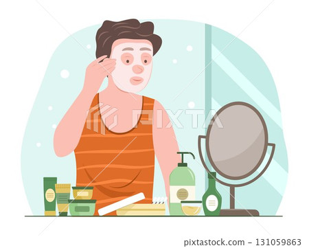 Young Man Doing Facial Treatment with Skincare Sheet Mask for Beauty Skin Treatment Concept Illustration 131059863