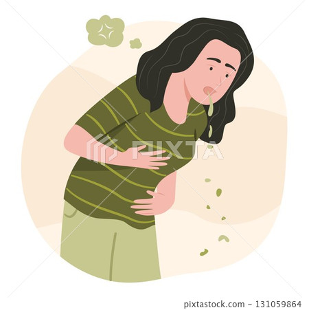 Sick Woman Vomiting Because of Stomachache for Abdominal Pain from Food Poisoning and Healthcare Concept Illustration 131059864
