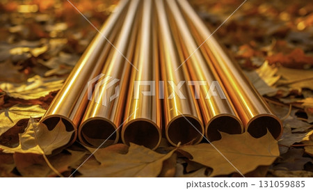 Copper pipes laid on vibrant autumn leaves create a striking visual contrast in a peaceful outdoor Copper pipes laid on vibrant autumn leaves create a striking visual contrast in a peaceful outdoor 131059885