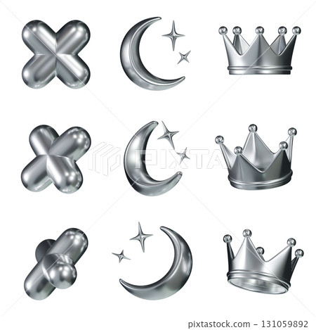 Shiny Metallic Silver 3D Icon Set Crosse Moon Crown 131059892
